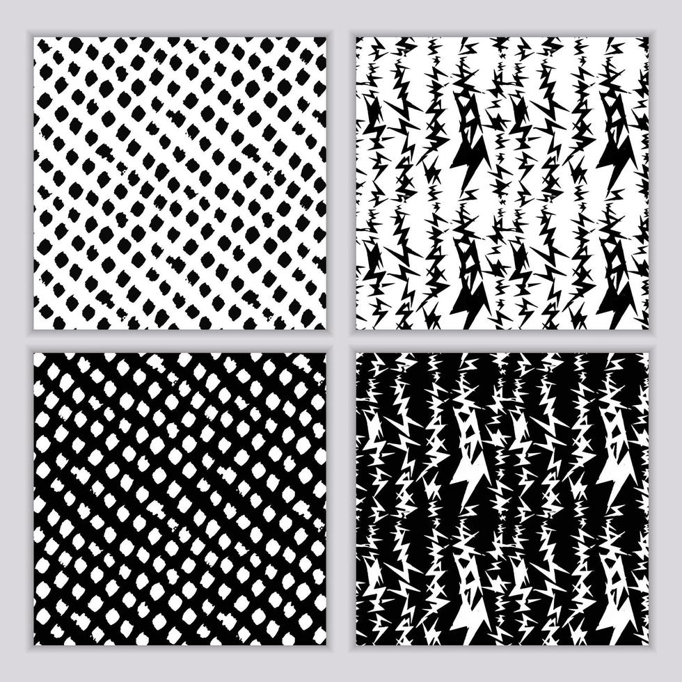 A set of seamless abstract monochrome patterns. Black and white print with wavy lines, dots and spots. Brush strokes are hand-drawn vector