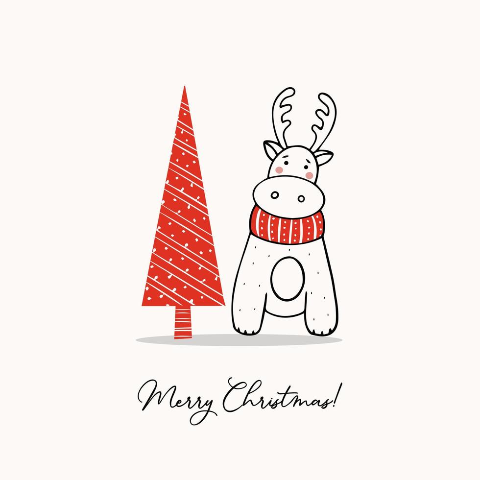 plantilla de saludo con lindo reno y árbol de navidad estilizado vector