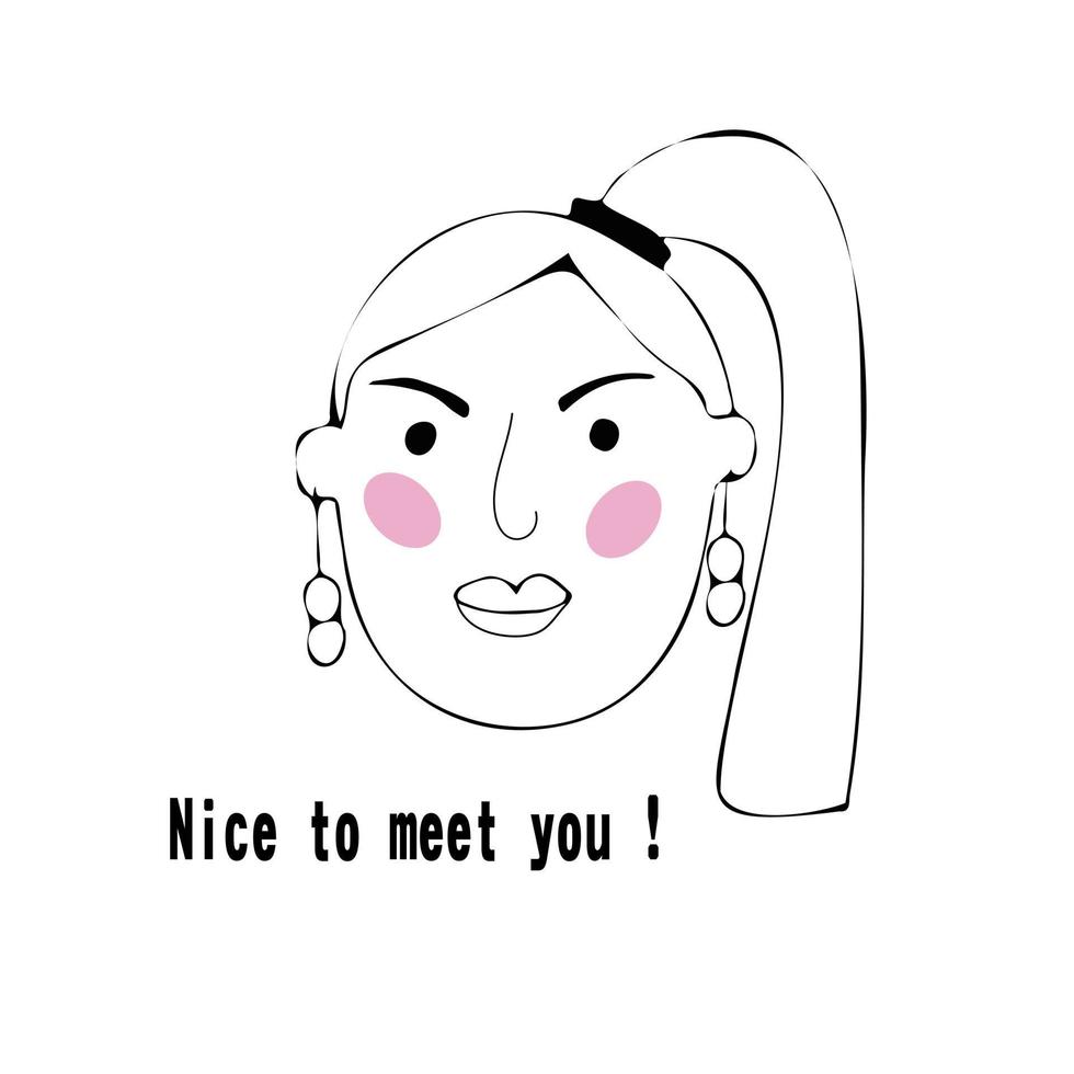 Vector portrait of a female character.Cartoon funny minimalistic man. Linear hand drawn face with emotion and mood. Friendly inscription. Postcard for social networks
