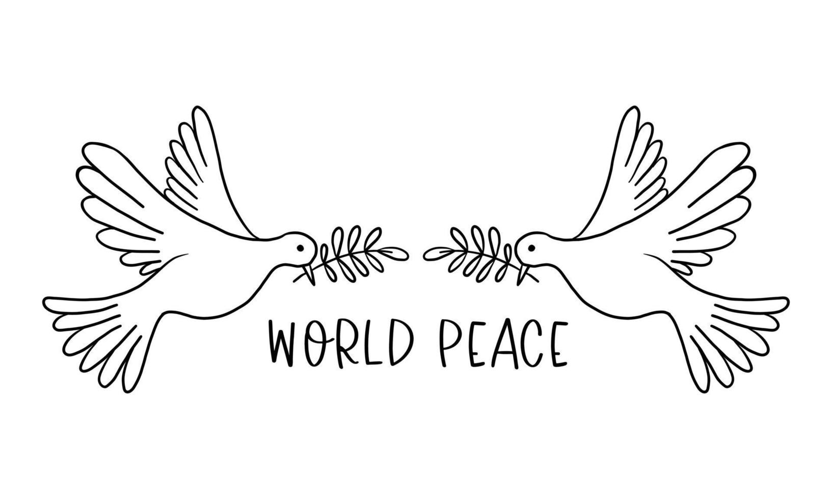 Two flying pigeons with a branch and leaves. Dove of peace. Hand drawn line sketch. Bird symbol of hope, emblem against violence and military conflicts vector