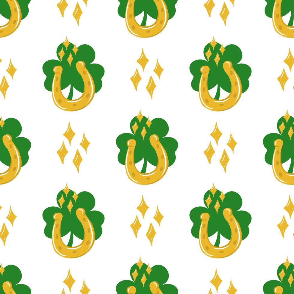 Seamless St. Patrick's Day pattern of Irish symbols. Green clover leaf and other hand drawn elements vector