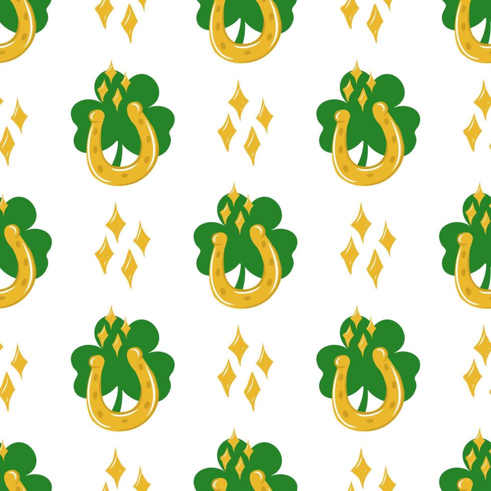 Seamless St. Patrick's Day pattern of Irish symbols. Green clover leaf and other hand drawn elements vector