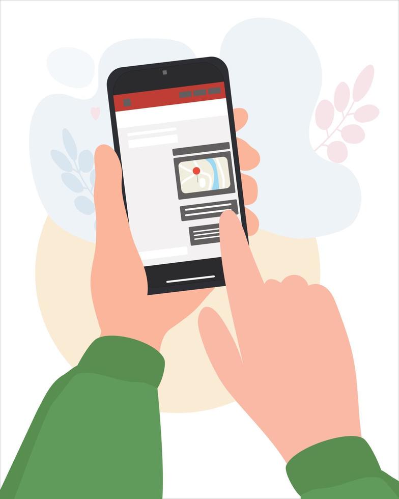 Hand with a smartphone and correspondence on the screen with the sent location of the meeting place and the map. Communication in social networks and messengers, chat. Mobile applications vector