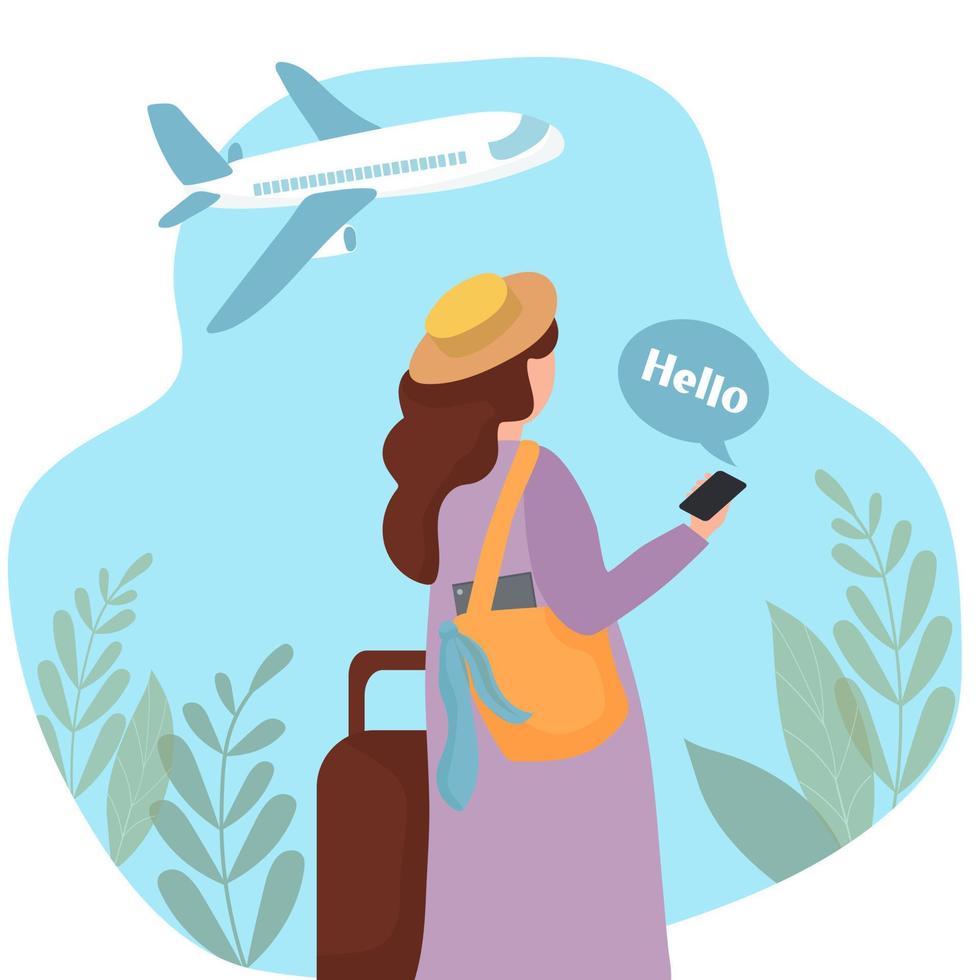 A girl at the airport with a cell phone in her hands. Communicating in social networks and messengers via video call. Mobile applications and Internet technology vector