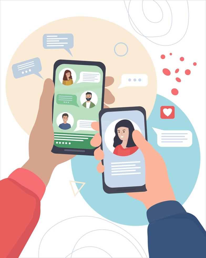 Video call between friends, chatting online by mobile app. Stay at home,  work, communication remotely. Hand holding smartphone. Group of people on  device screen. Internet messenger vector illustration Stock Vector