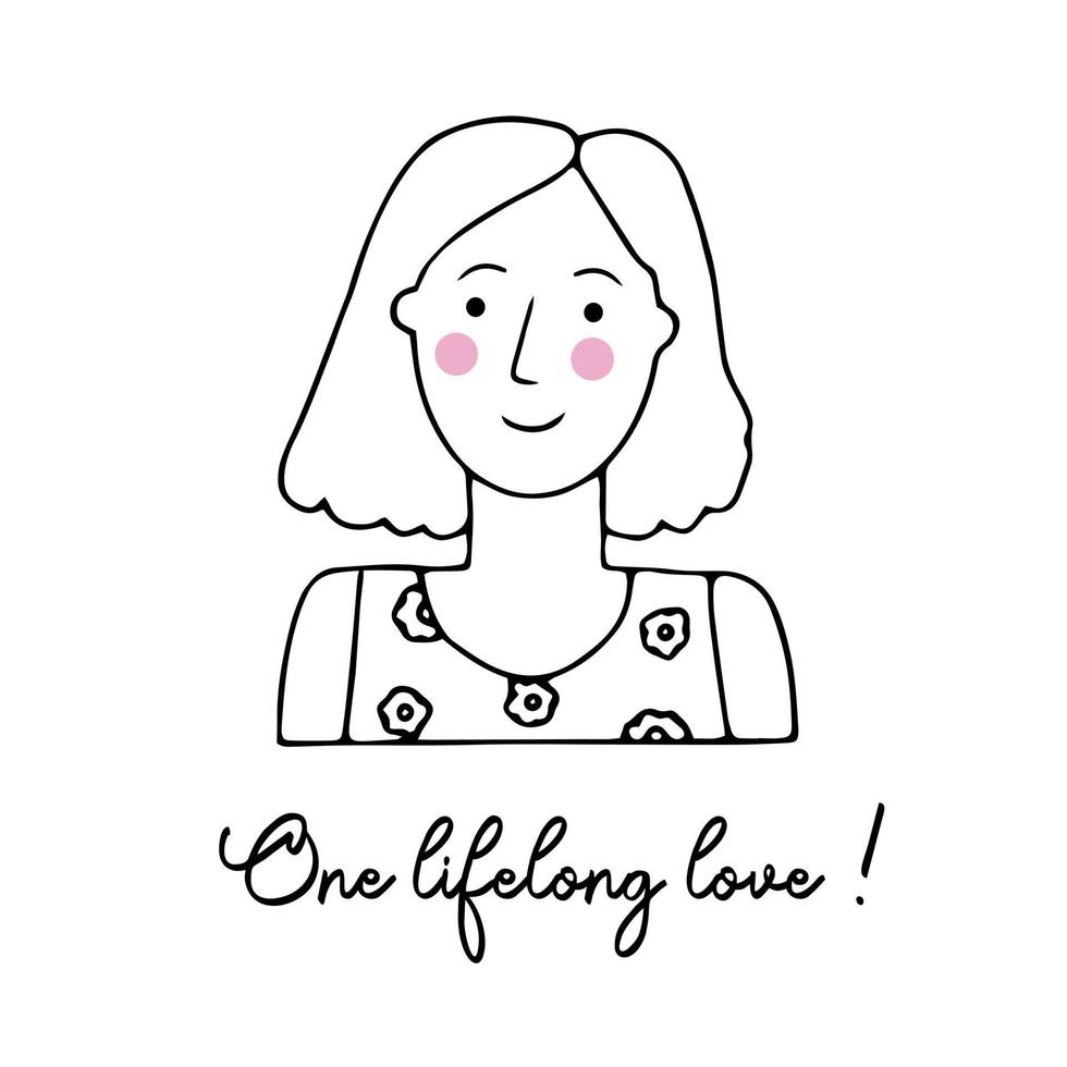 Vector portrait of a female character.Cartoon funny minimalistic man. Linear hand drawn face with emotion and mood. Friendly inscription. Postcard for social networks