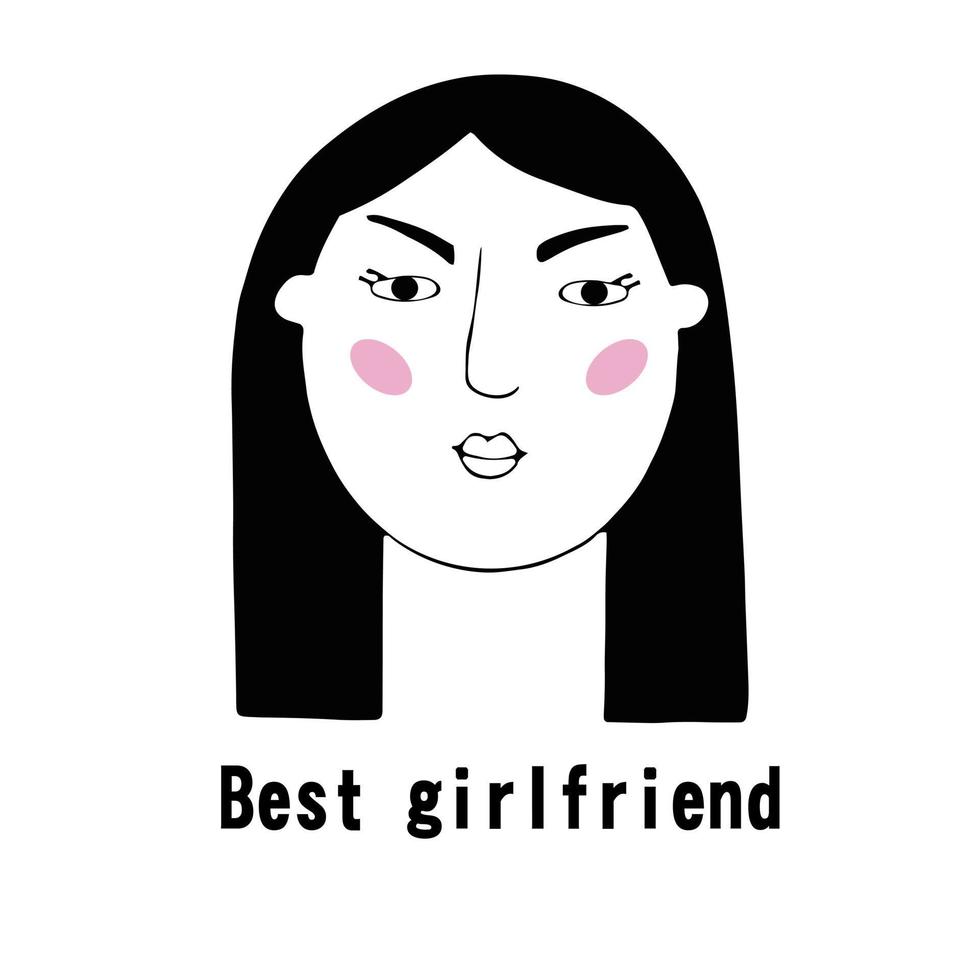 Vector portrait of a female character.Cartoon funny minimalistic man. Linear hand drawn face with emotion and mood. Friendly inscription. Postcard for social networks