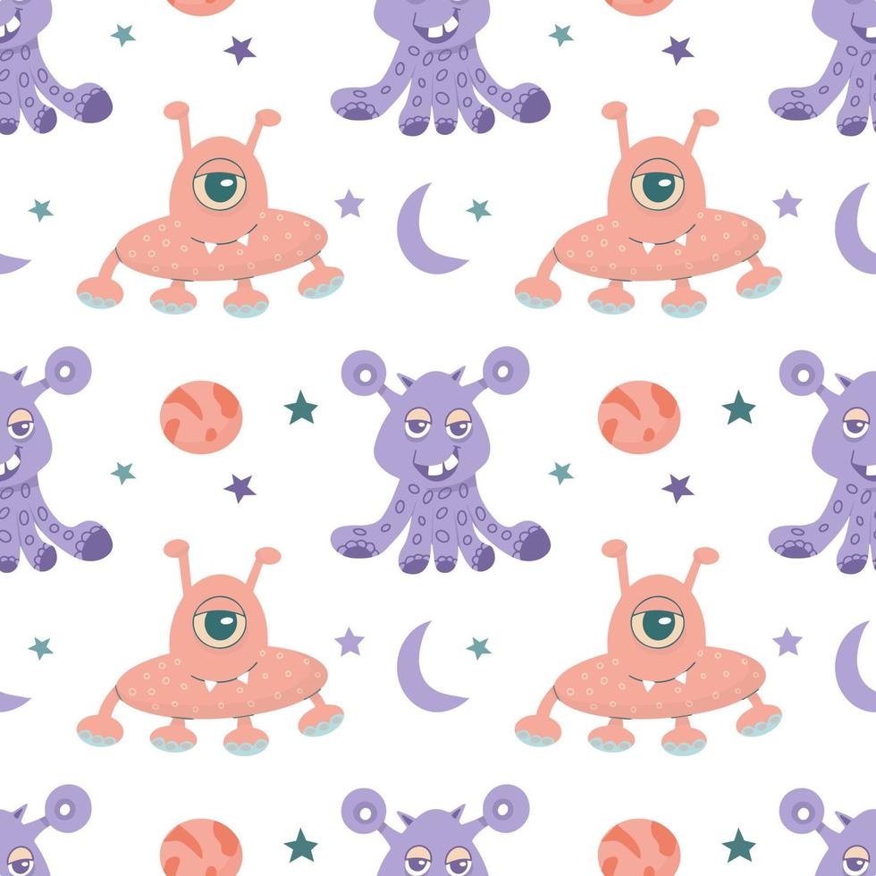 Seamless pattern of alien cute monsters and various planets and galactic stars. vector