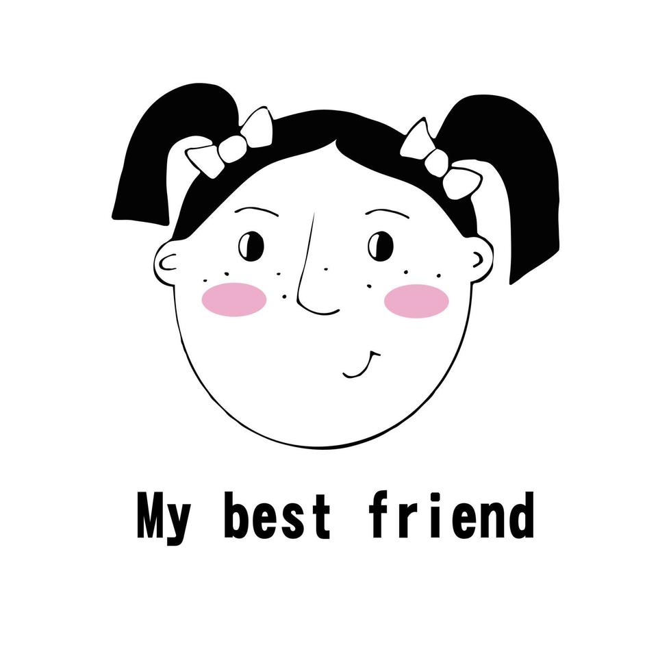 Vector portrait of a female character.Cartoon funny minimalistic man. Linear hand drawn face with emotion and mood. Friendly inscription. Postcard for social networks