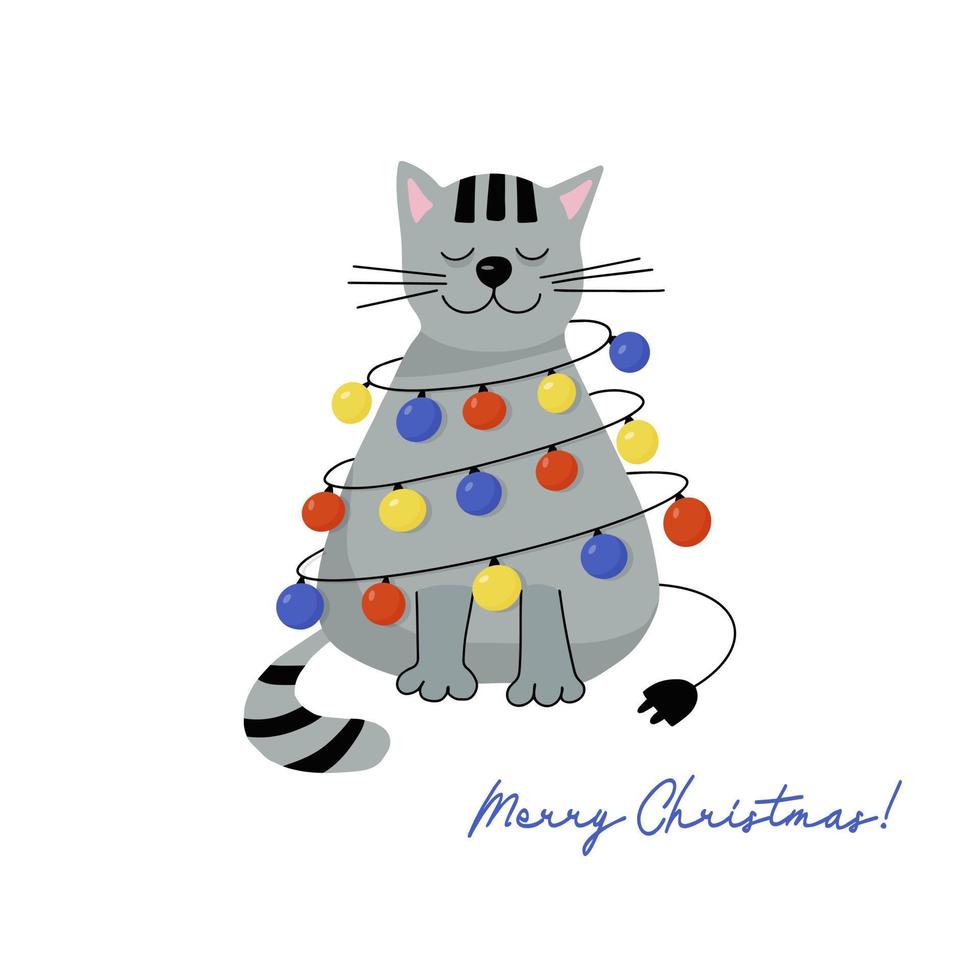 Christmas greeting card. Happy gray cat with a garland of multicolored lights vector
