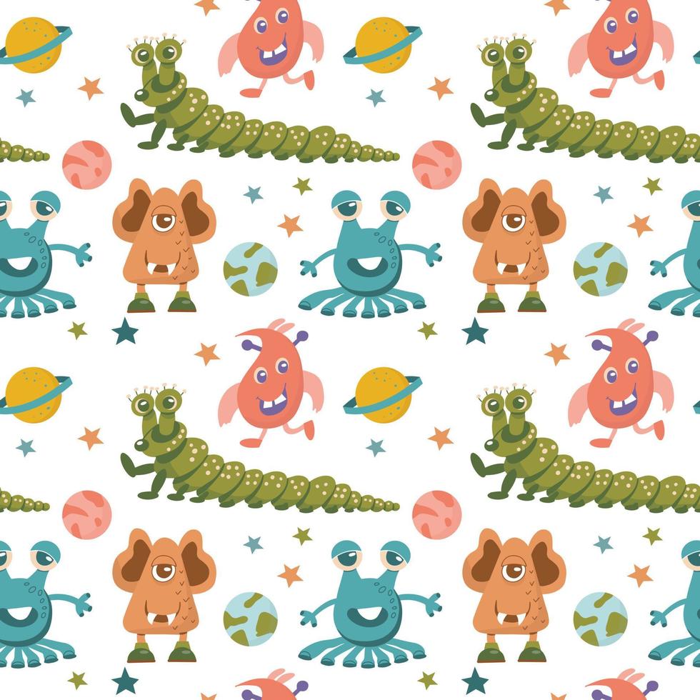 Seamless pattern of alien cute monsters and various planets and galactic  stars. 6765290 Vector Art at Vecteezy