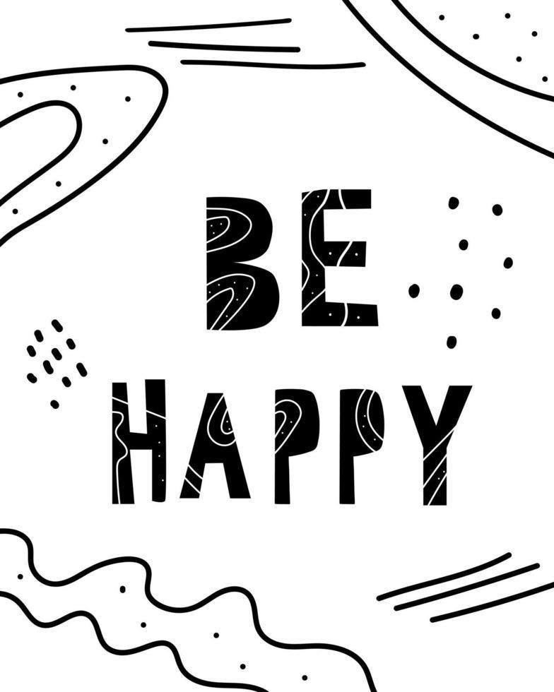 WebGraphic hand drawn poster with the inscription Be happy and abstract elements in a minimalist style vector