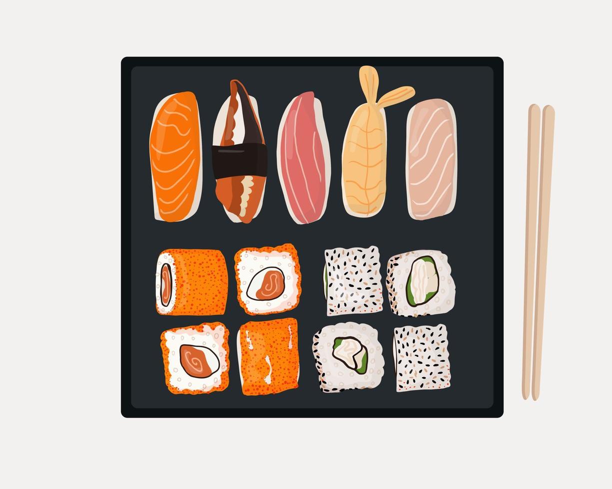 conjunto de platos tradicionales japoneses de rollos y sushi con mariscos. en un plato negro vector