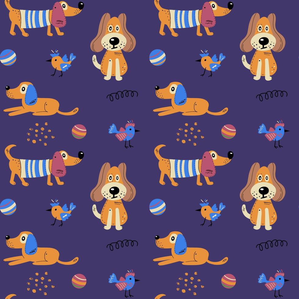 Seamless pattern with cute dogs. Vector print with cartoon abstract animals in Scandinavian style