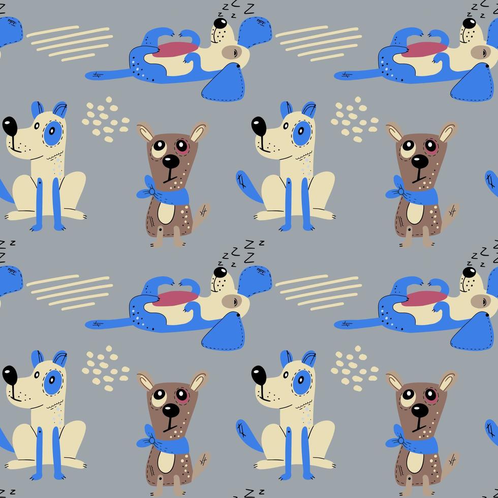 Seamless pattern with cute dogs. Vector print with cartoon abstract animals in Scandinavian style