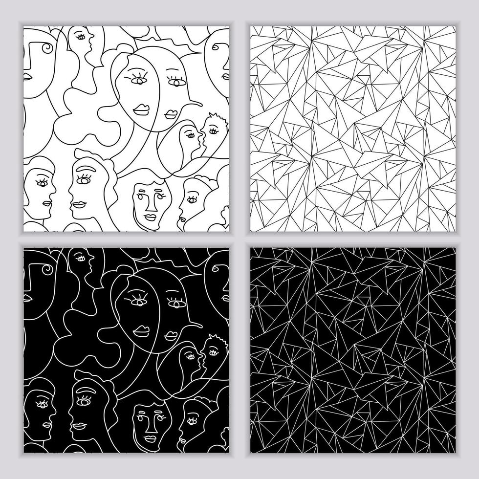 A set of seamless patterns of hand-drawn abstract faces of men and women in line art style and straight lines. Modern minimalist black and white drawing vector