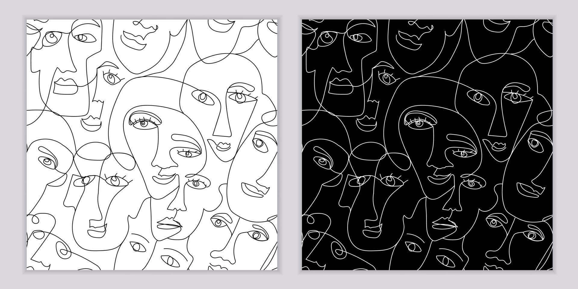 A set of seamless patterns of hand-drawn abstract faces of men and women in line art style. Modern minimalist black and white drawing vector