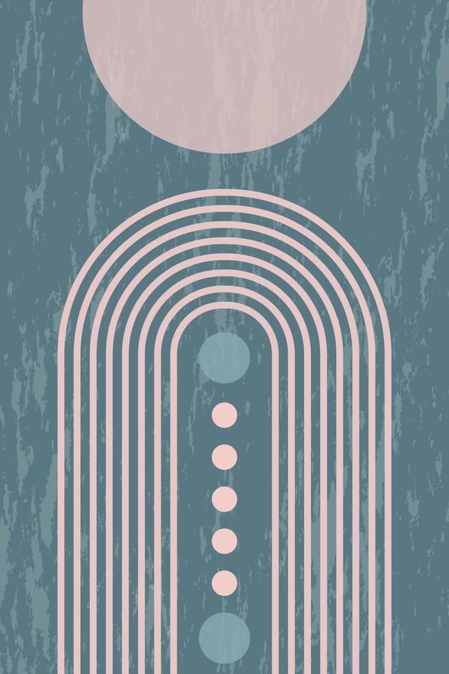 WebAbstract grunge poster with geometric shapes and lines. Rainbow print and sun circle, boho style. Modern minimalist print in pastel colors. Concept of balance, harmony and equilibrium. vector