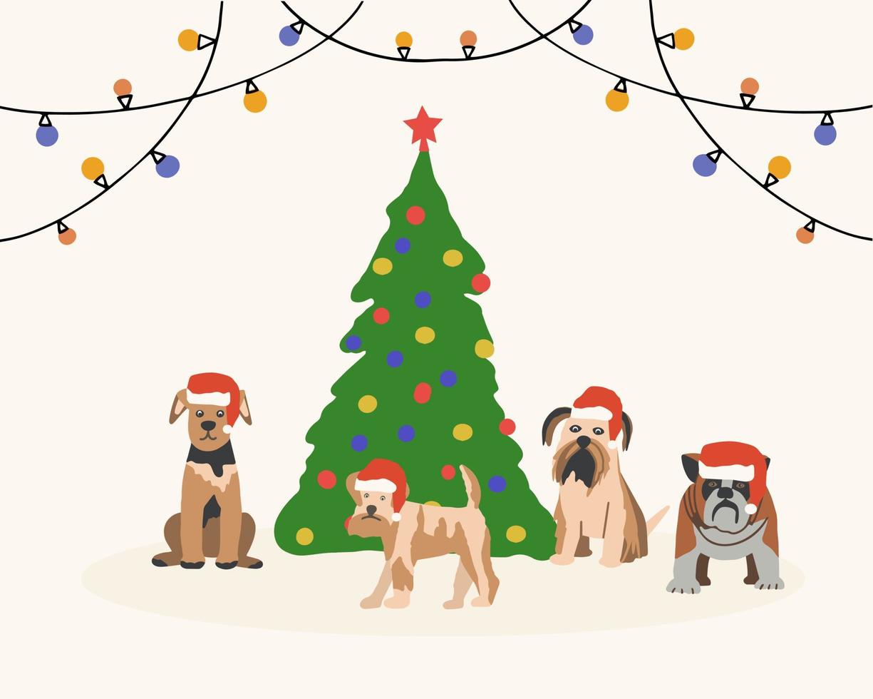 Merry Christmas greeting card. Various pet dogs in a Santa Claus hat on the background of the Christmas tree vector