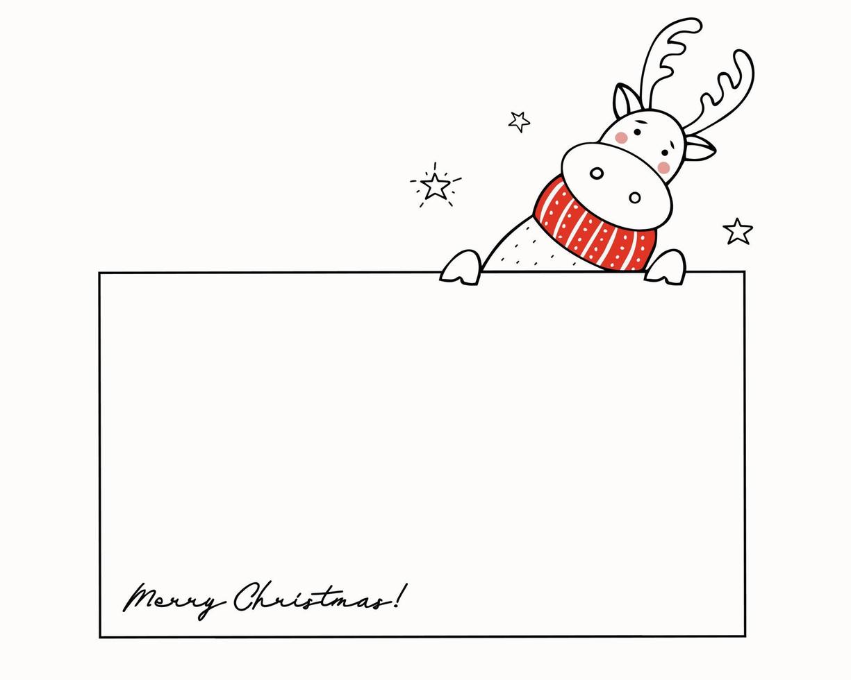 plantilla para saludos navideños con un lindo reno en una bufanda de punto roja. vector