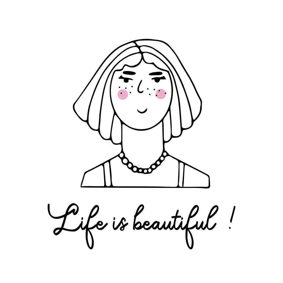 Vector portrait of a female character.Cartoon funny minimalistic man. Linear hand drawn face with emotion and mood. Friendly inscription. Postcard for social networks