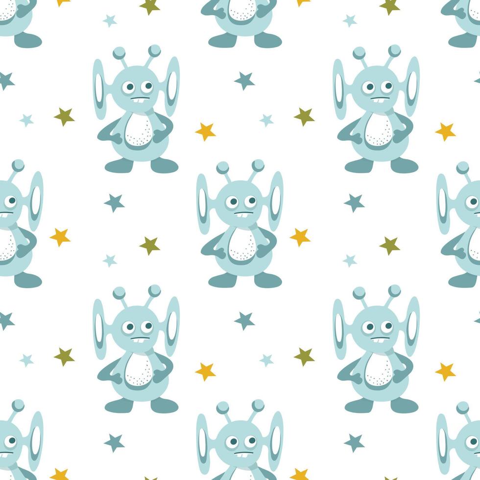 Seamless pattern of alien cute monsters and galactic stars. vector