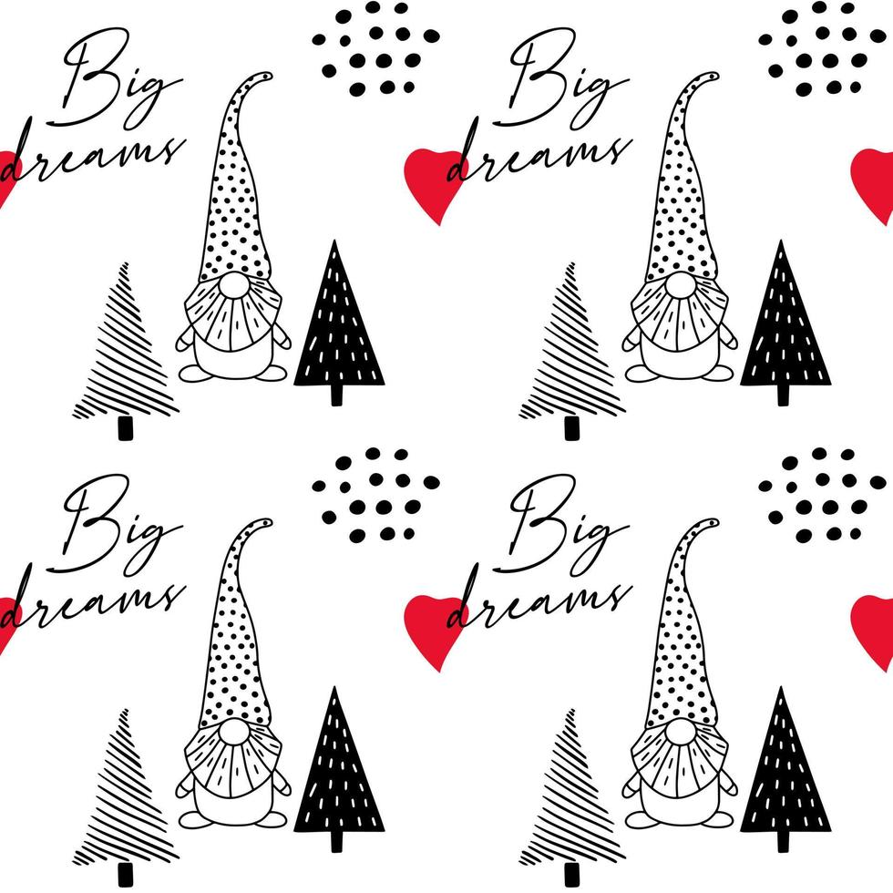 Seamless pattern with a cute hand drawn gnome and a Christmas tree. vector