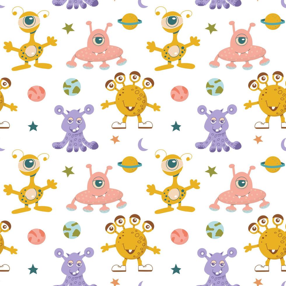 Seamless pattern of alien cute monsters and various planets and galactic stars. vector