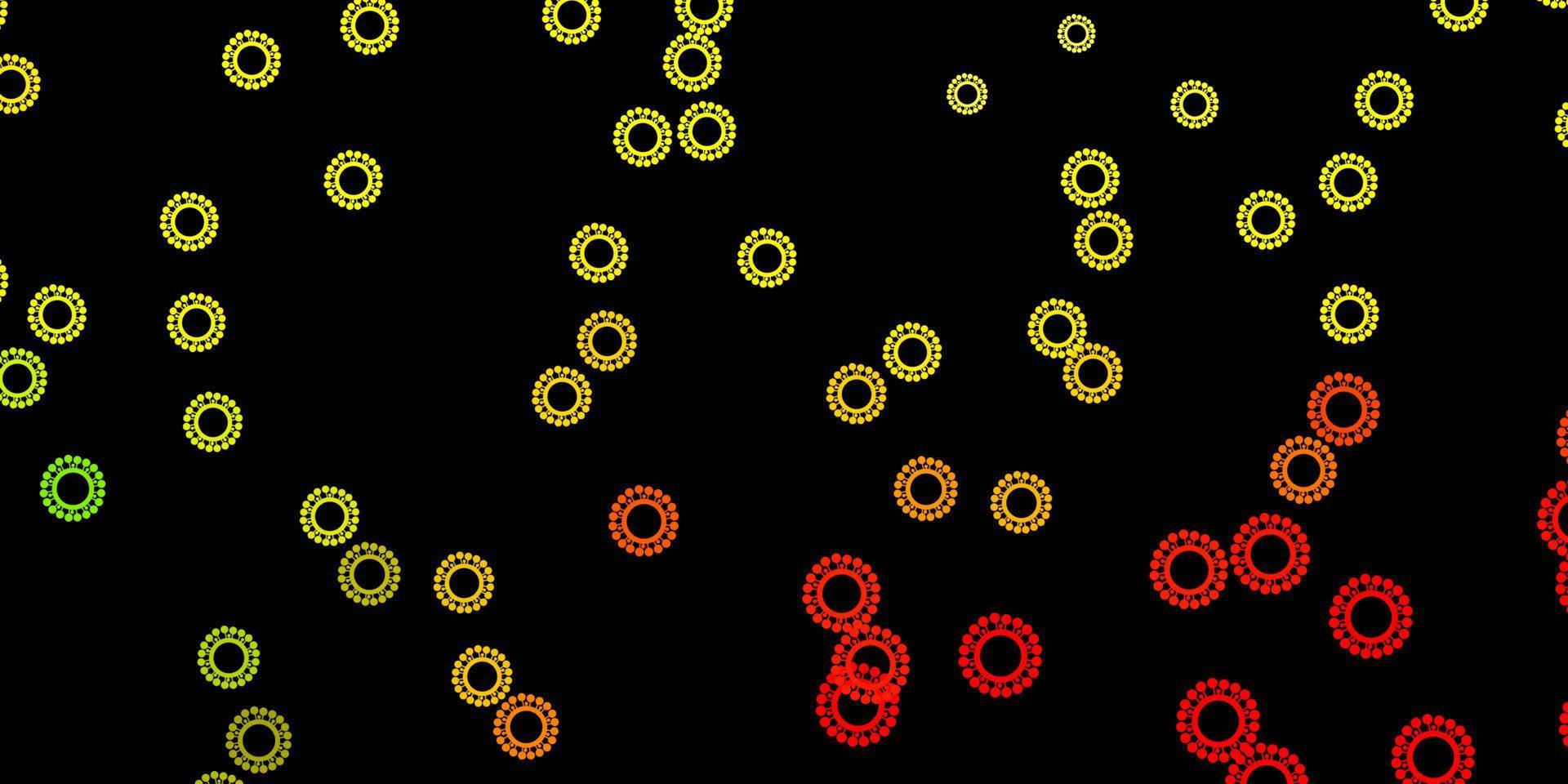 Dark red, yellow vector backdrop with virus symbols.