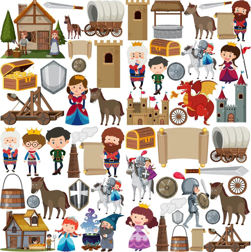Medieval characters buildings set vector