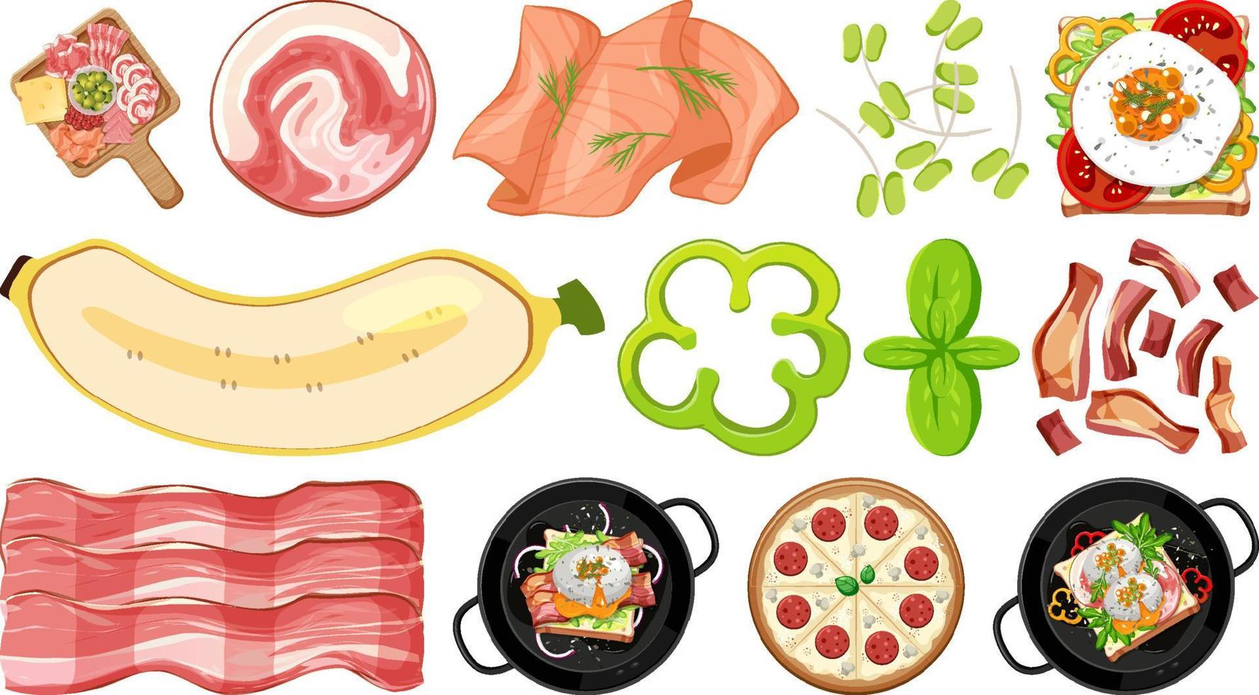 Colección de ingredientes alimentarios sobre fondo blanco. vector