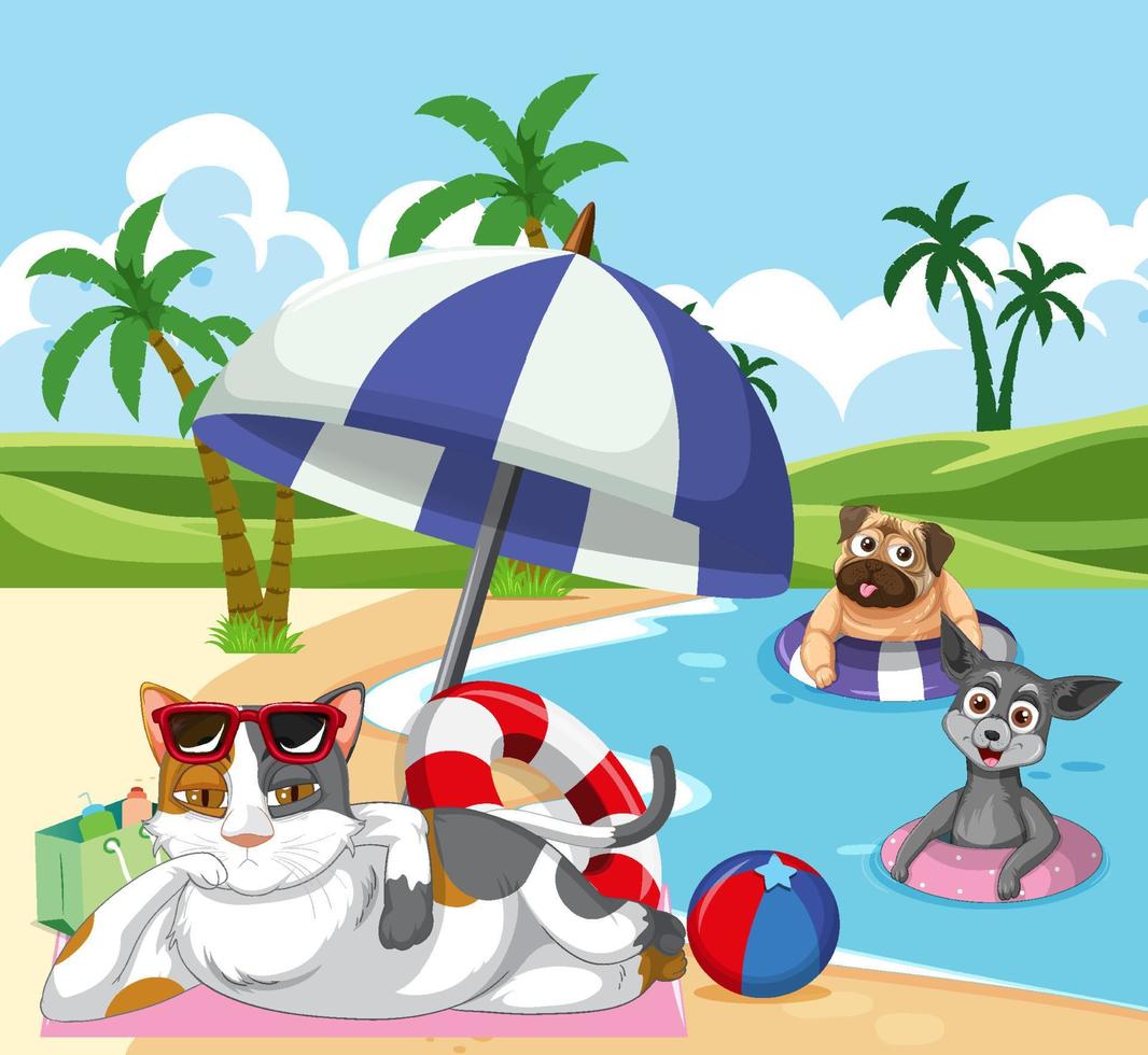 un grupo de diferentes mascotas realiza diversas actividades en la playa vector