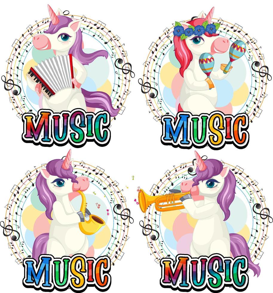 Establecer lindo unicornio tocando instrumentos musicales con notas musicales sobre fondo blanco. vector