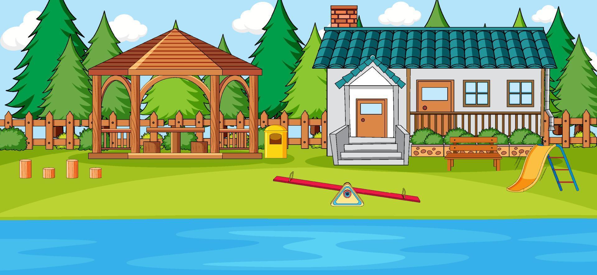 Outdoor scene with doodle house cartoon vector