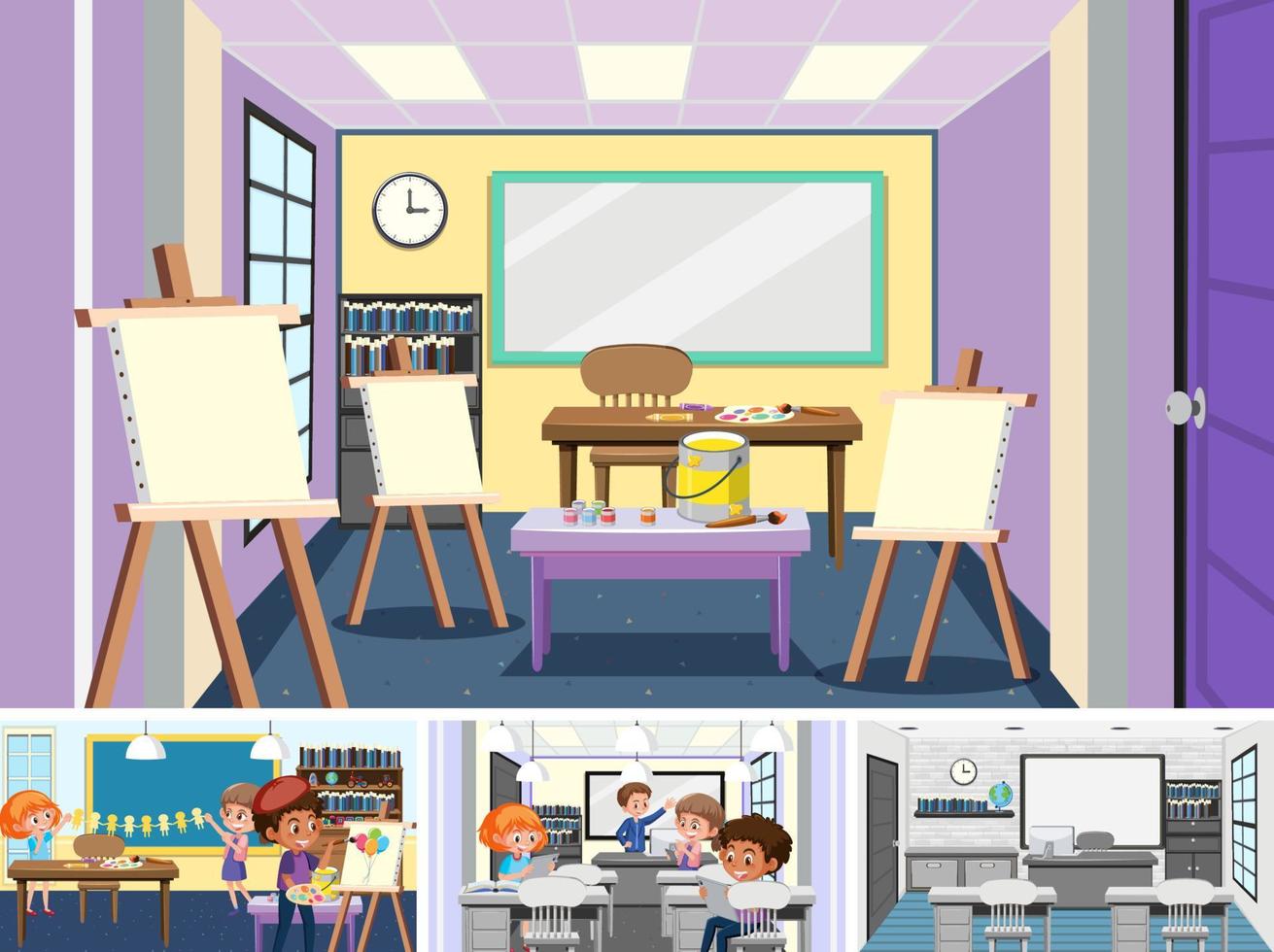 Set of student in the classroom scene vector