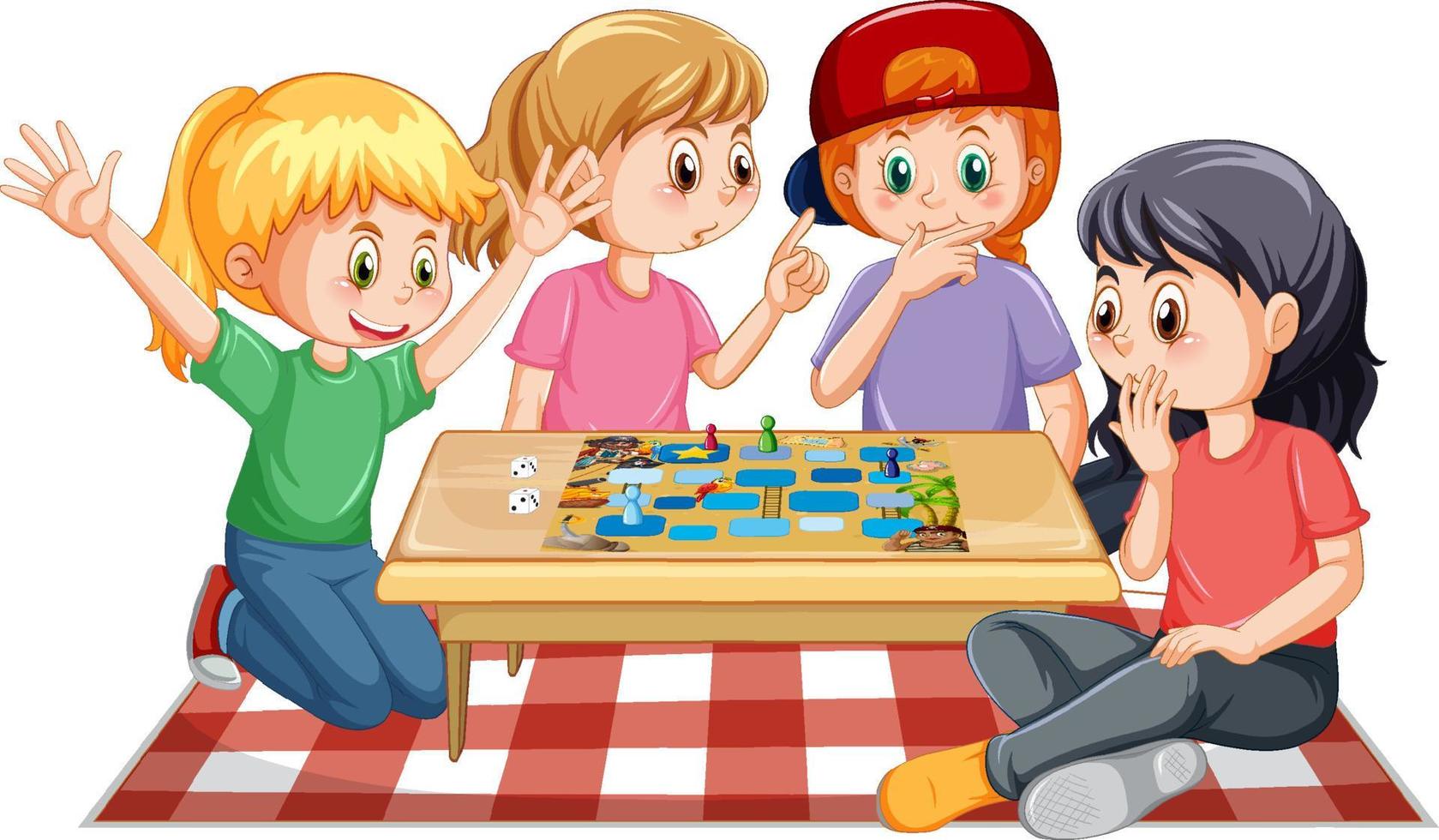 Happy kids playing boardgame on white background vector