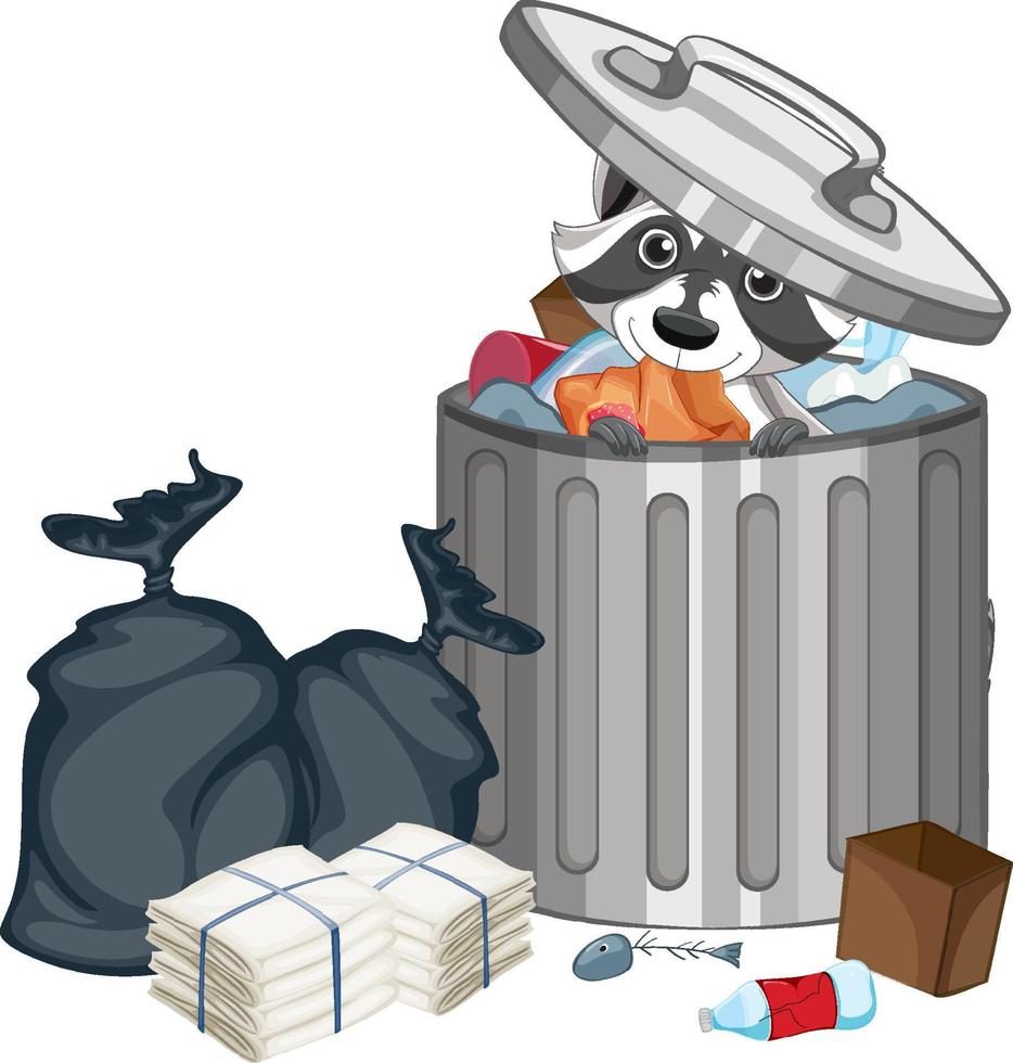 Raccoon searhing trash in the bin vector