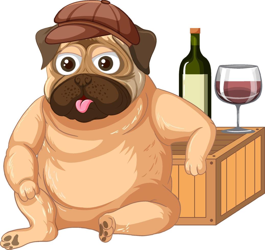 un perro pug con botella de vino y copa vector