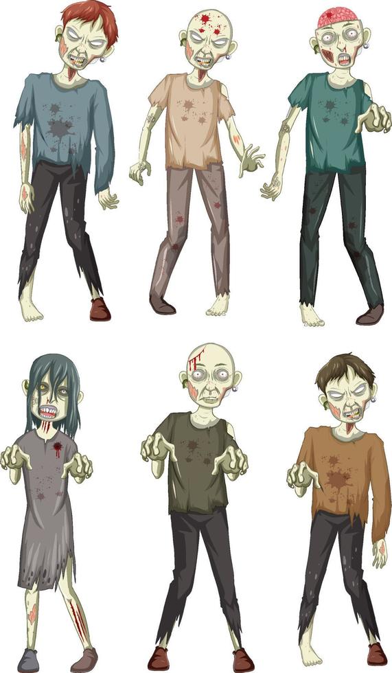 conjunto de personajes de dibujos animados de zombies de halloween vector