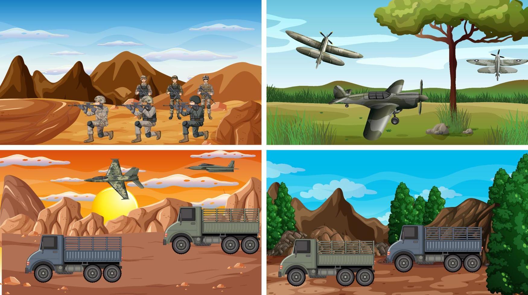 Set of different army war scenes vector