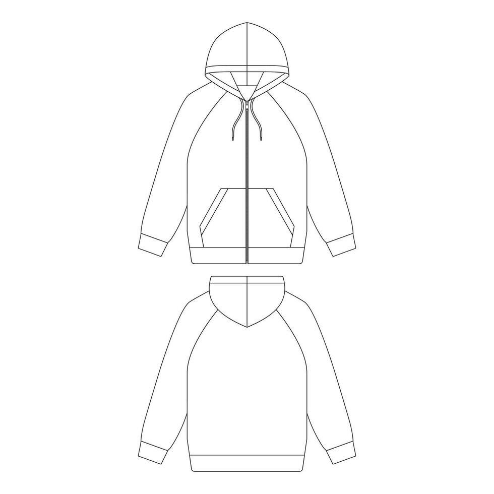 plantilla raglan zip sudadera con capucha ilustración vectorial diseño plano contorno ropa vector