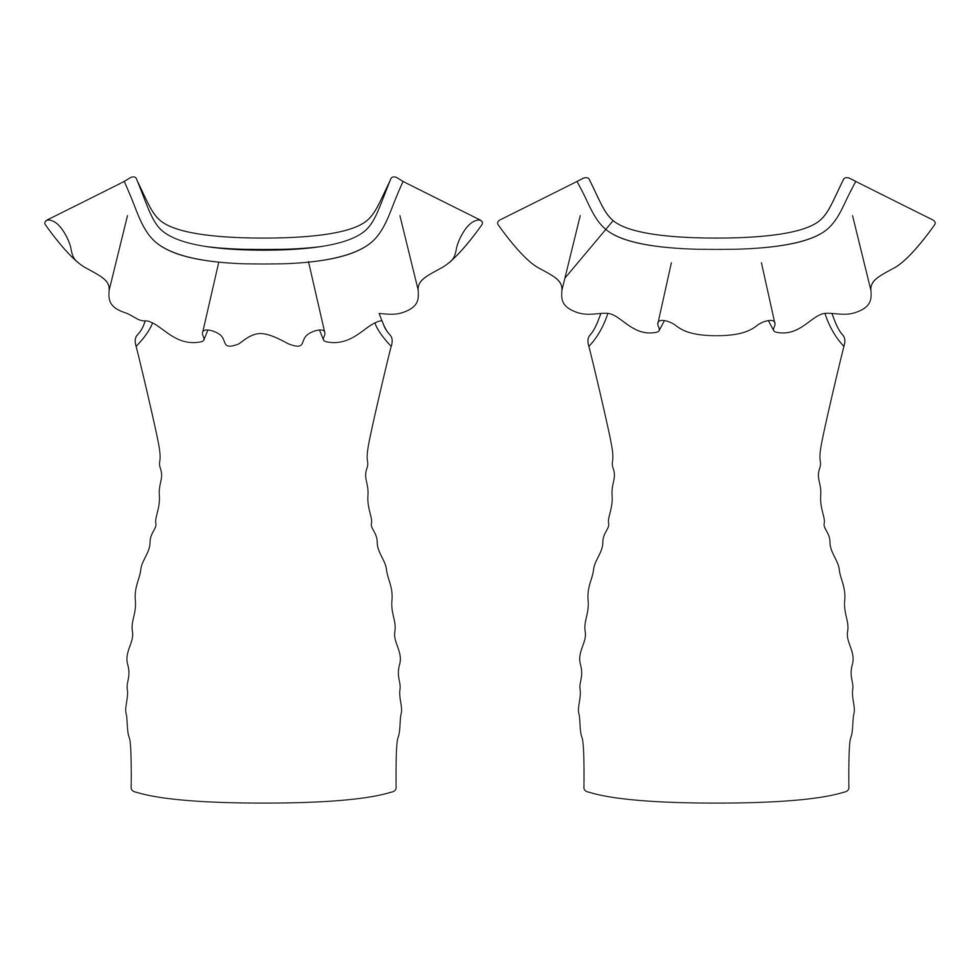 plantilla vestido corto hombros descubiertos con volantes ilustración vectorial diseño plano contorno ropa vector