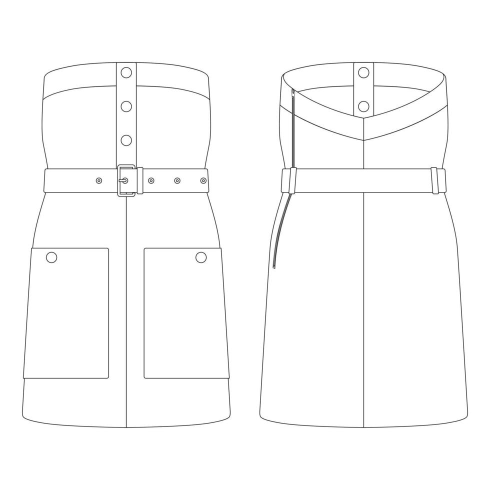 vestido bustier con cinturón de plantilla con bolsillos ilustración vectorial diseño plano contorno ropa vector