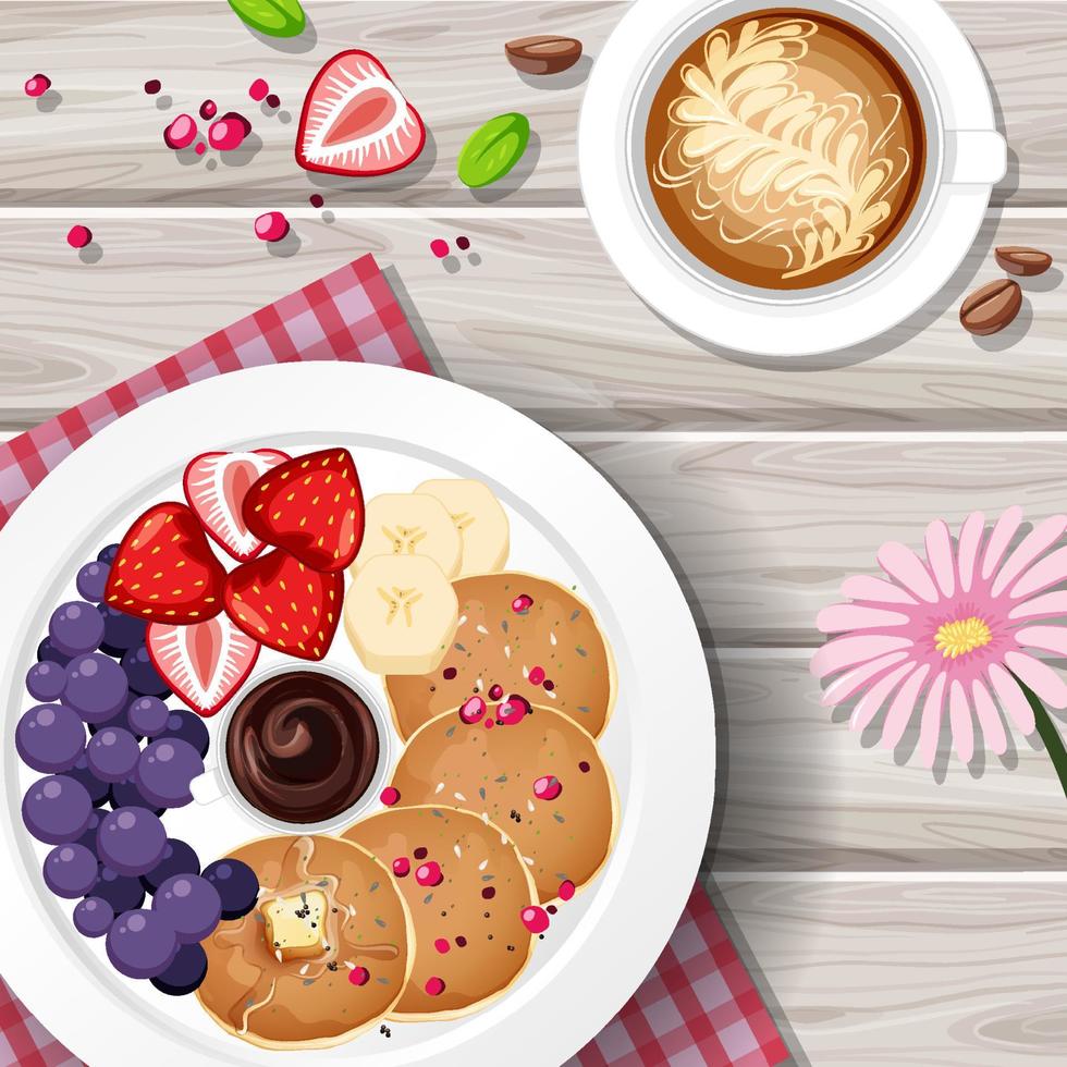 Top view food, pancake with coffee and placemat  on wood table vector