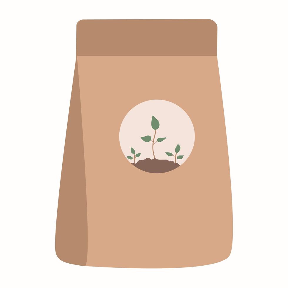 Packing with soil for plants in. Potting soil, various fertilizers. Vector illustration in a flat style.