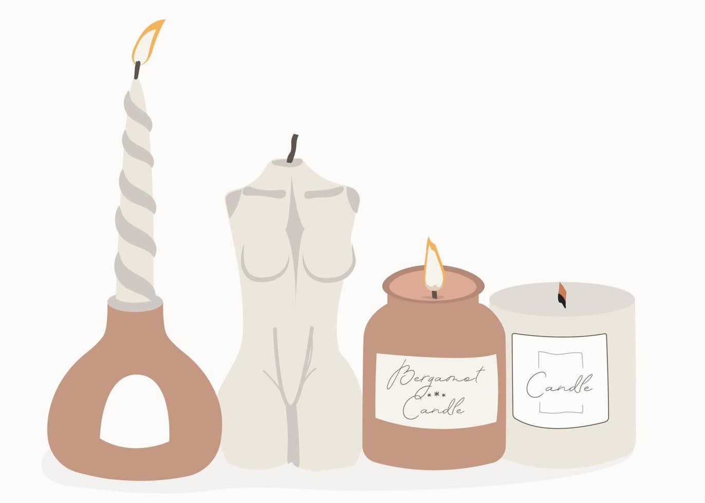 bellas velas estéticas, encendidas, un elemento de decoración y confort para el hogar vector