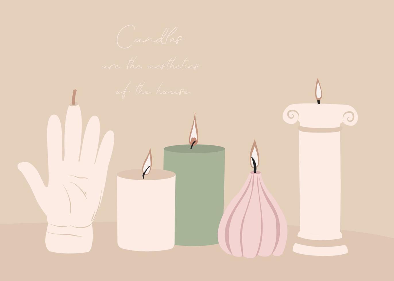 beautiful aesthetic candle, lit, an element of decor and comfort for the home, on a beige background. vector