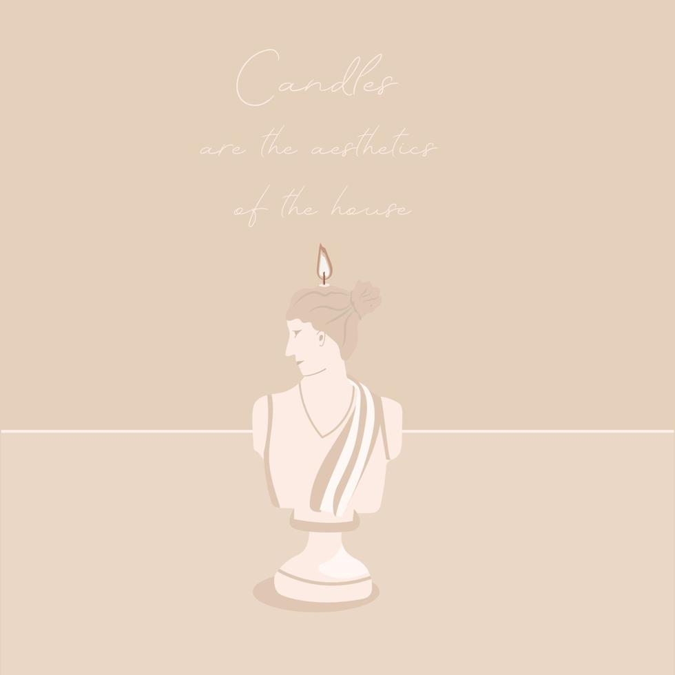 beautiful aesthetic candle, lit, an element of decor and comfort for the home, on a beige background. vector