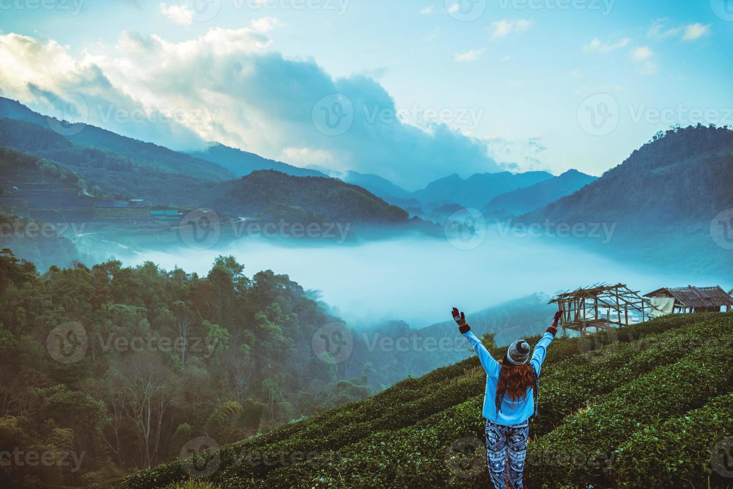 woman asian travel nature. Travel relax. Natural park on the Moutain. Thailand photo