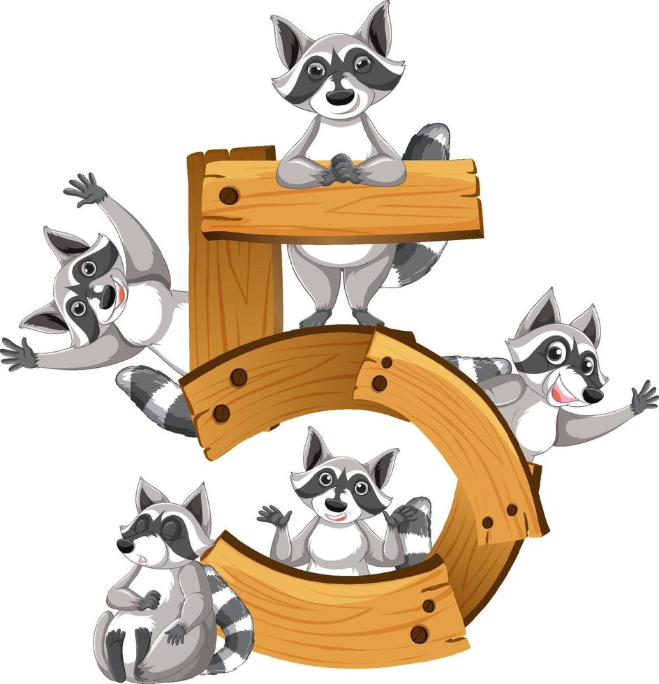 Five raccoons attached to number five vector